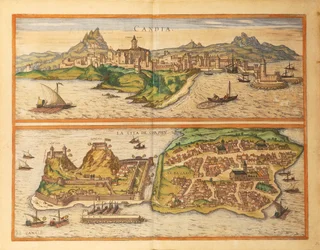 Heraklion, Candia and Corfu from Civitates Orbis Terrarum by Georg Braun