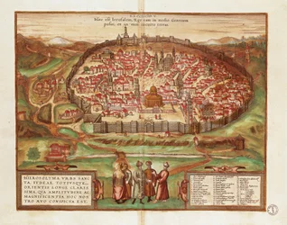 Israel and Palestine, City of Jerusalem, from Civitates Orbis Terrarum, Color Engraving