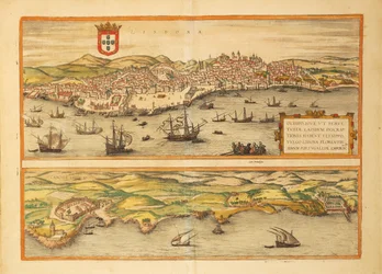 Map of Lisbon and Cascais from Civitates Orbis Terrarum by Georg Braun