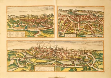Map of Montpellier, Tours and Poitiers from Civitates Orbis Terrarum by Georg Braun