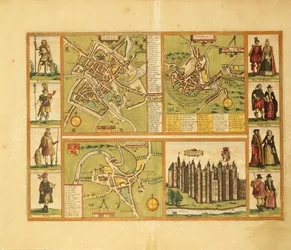 Map of York, Shrewbury, Lancaster and Richmond Castle from Civitates Orbis Terrarum by Georg Braun