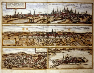 View of the German Cities of Nuremberg and Ulm, Salzburg, Austria. Engraving from the Atlas of 
