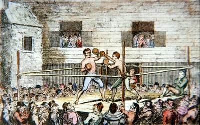 A sparring match at the fives court, London, from a print published in 1812