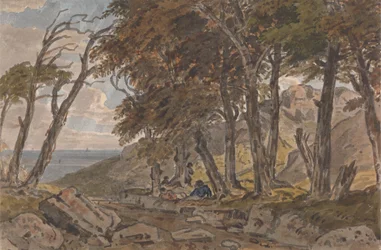 Figures on the Bank of a Wooded Lane, with Sea in Distance Left