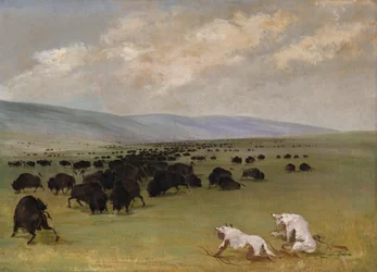 Catlin and His Indian Guide Approaching Buffalo under White Wolf Skins