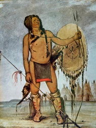 Comanche warrior with a shield, lance and bow and arrows, c. 1835