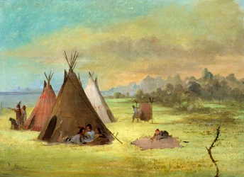 Indian Encampment, Comanche or Kiowa Dressing Skins, Red River