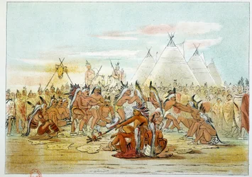 Indians of America: Assiniboin tribe resembling Sioux dancing pipe dance. Illustration by George Catlin