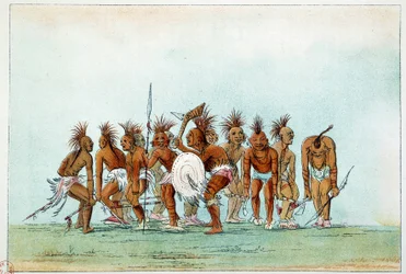 Indians of America: Black Hawk tribe dancing beggar dance for tourists. Illustration by George Catlin