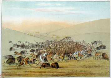 Indians of America: Indian miniatarees hunting buffalo with spears. Illustration by George Catlin