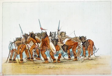 Indians of America: Meeting of Mandans warriors with their trophy of buffalo head on their head. Illustration by George Catlin
