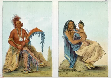 Indians of America: Portrait of an Osage chief called Clermont with his wife and son. Illustration by George Catlin (1794-1872)