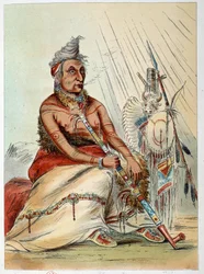 Indians of America: Portrait of an old Indian chief smoking his pipe named The Black Mocassin. Illustration by George Catlin (1794-1872)