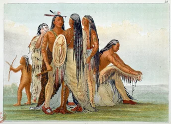 Indians of America. The Mandans: Chief San Ja Ka Ko Kah (San-Ja-Ka-Ko-Kah) surrounded by his family. Engraving by George Catlin (1794-1872)