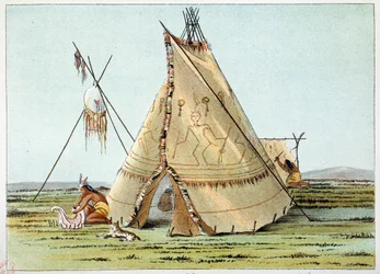 Indians of America: Tipi of the Crows tribe topped with piquings of porcupines. Illustration by George Catlin