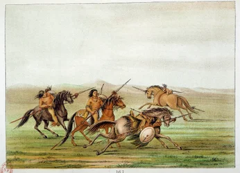 Indians of America: Warriors Commanders training on horseback. Illustration by George Catlin