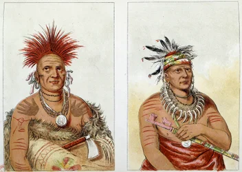 Indians of America: the horse chief tribe of the Great Pawnees (or Paneassa, Pari, Pariki) - The second has a necklace made of bear claws. Illustration by George Catlin