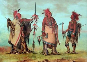 Tal-lee, Black Dog and Big Crow wearing roaches made of red dyed deer hair