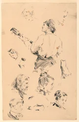 Sketches of Heads, a Hand, a Foot, and a Musician