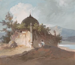 Figure Seated by an Indian Temple