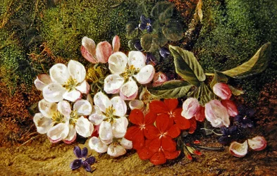 Blossom And Geraniums By Mossy Bank