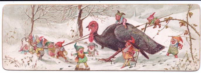 A Victorian Christmas card of a group of malicious elves leading a captured turkey