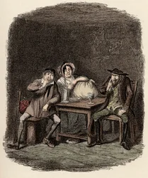 Fagin Doing Business with Morris Bolter, a.k.a. Noah Claypole, and Charlotte - The Jew and Morris Bolter Begin to Understand Each Other - Illustration for 