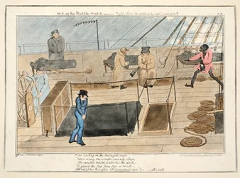 Mr. B on the middle watch - cold blows the wind and the rains coming on, from The Progress of a Midshipman