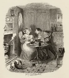 Mr Bumble and Mrs Corney taking tea, from 