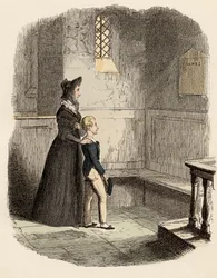 Rose Maylie and Oliver in front of the commemorative plaque of Agnes, their sister and mother (Illustration for 