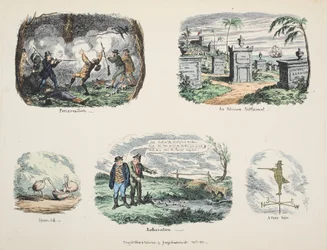 Scraps and Sketches: Preservation, An African Settlement, Spoon-bill, Botheration, A Vane Man, published 1831