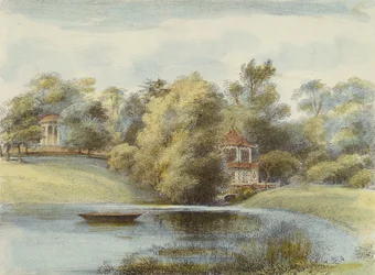 Chinese Temple and Temple of Eolus, Kew Gardens, plate 16 from Kew Gardens: A Series of Twenty-Four Drawings on Stone, engraved by Charles Hullmandel, published 1820