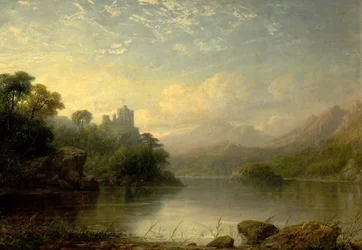Lake Scene with Ruined Castle and Mountains, 19th Century