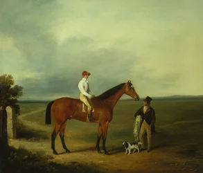 A Racehorse with a Jockey, Trainer and Spaniel
