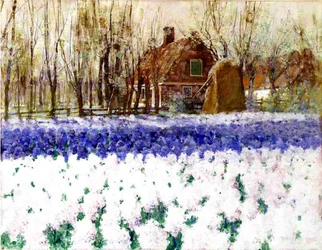 A Cottage and a Field of Hyacinths