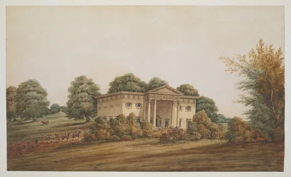 A palladian garden house in a park-like landscape, Delhi, with a carriage and outriders approaching