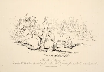 Battle of Ligny: Marshall Blucher Stunned by the Violent Fall Lay Entangled Under His Horse, pub J. Booth, 1816