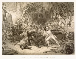 Horatio Nelson Boarding the San Josef at the Battle of Cape St Vincent, Engraved by John Crew after the Original in Greenwich Hospital Collection