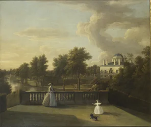 View of Chiswick Villa from a balcony above the Cascade with the lake