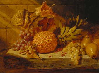 Black and White Grapes, Pears, Redcurrants and a Pineapple on a Ledge, 1845