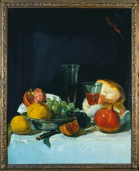 Grapes, Lemons and Pomegranates with White Wine Glasses and Loaf of Bread