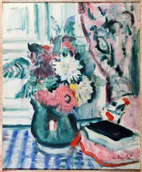 Mixed Dahlias in a Green Vase, with a Book on a Chequered Tablecloth