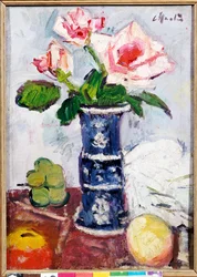 Pink Roses in a Chinese Blue and White Gu-shaped Vase