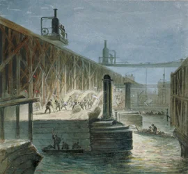 Demolition work being carried out on Blackfriars Bridge from the Surrey shore, London