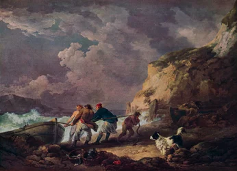 Seashore: Fishermen Hauling in a Boat