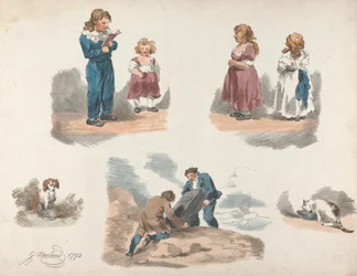 Set of Five: Studies of Children, a Dog, a Cat, etc.