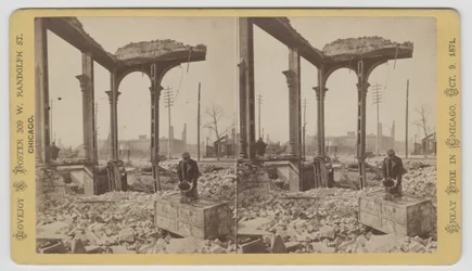 Stereograph of a Man Cooling a Safe Among the Ruins After the Chicago Fire of 1871, 1871