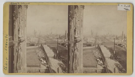 Stereograph view of Clark Street after the Chicago Fire of 1871