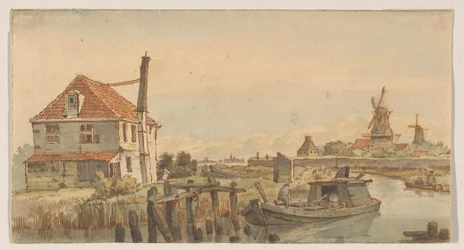 Canal with a Boat, a House, and Two Windmills