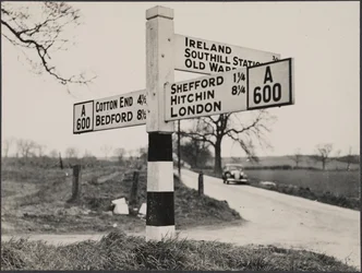 A finger post road sign between Bedford and Shefford, c.1940-60